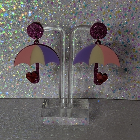 Umbrella pink and purple glitter acrylic drop earrings - Picture 3 of 6